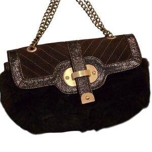 Elegant Chocolate Brown Faux Fur-Trimmed Shoulder Bag